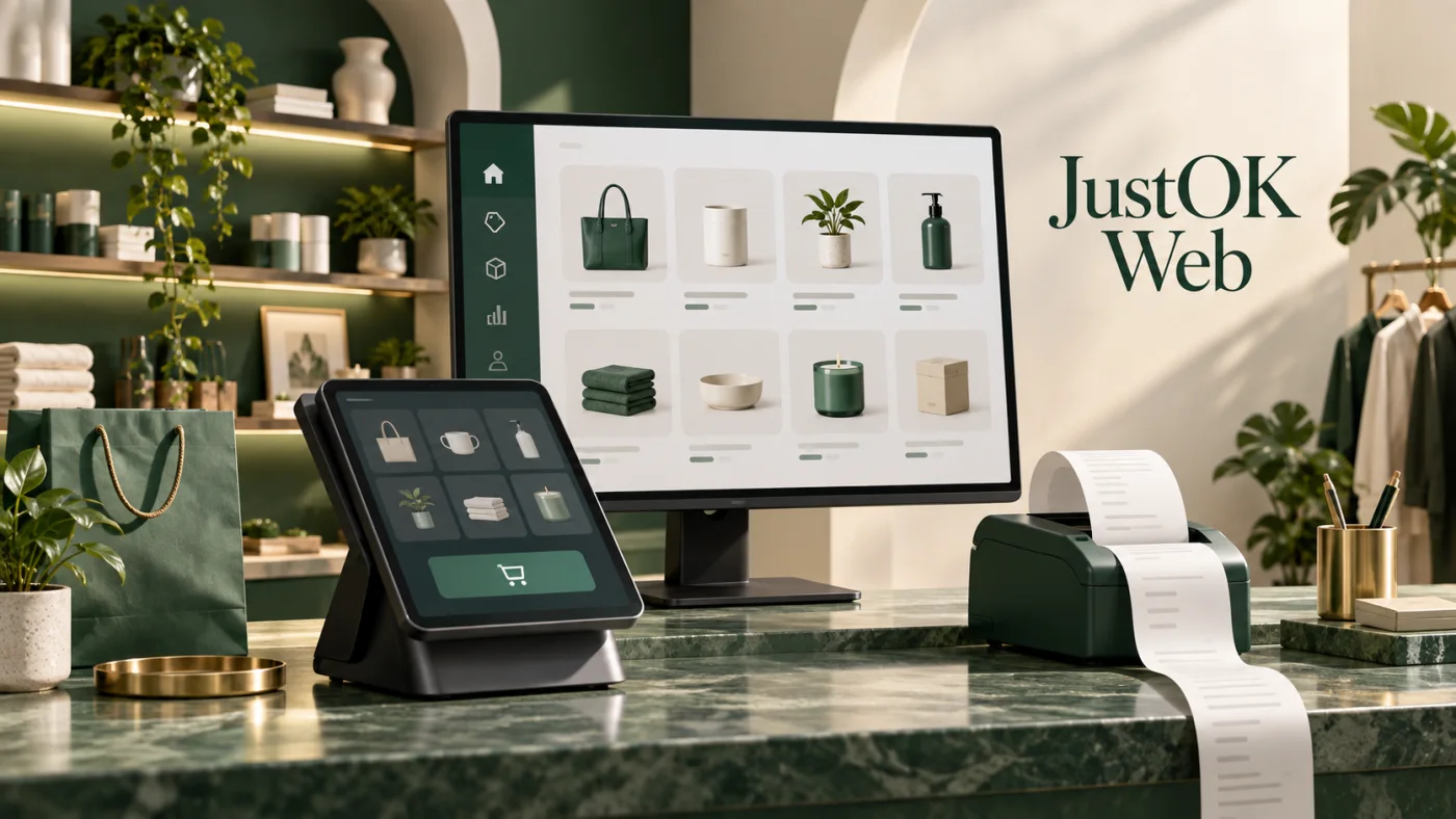 JustOK Web — illustration : caisse, catalogue et gestion de boutique